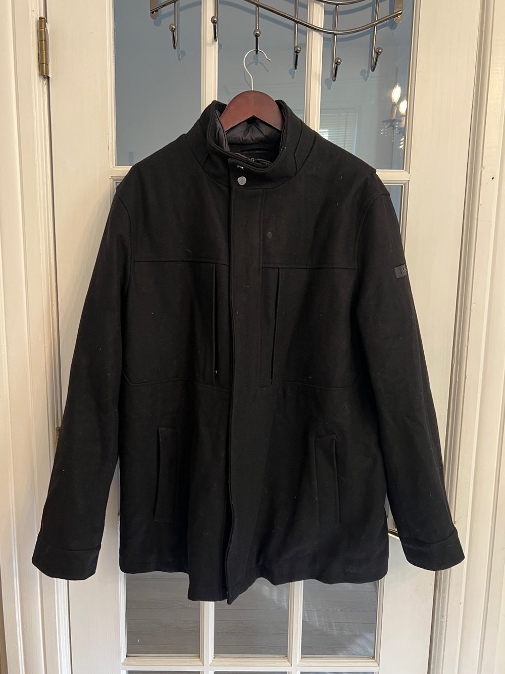 Michael Kors Men’s Black Wool Blend Stand Collar Insulated Bib Car Coat Size XL